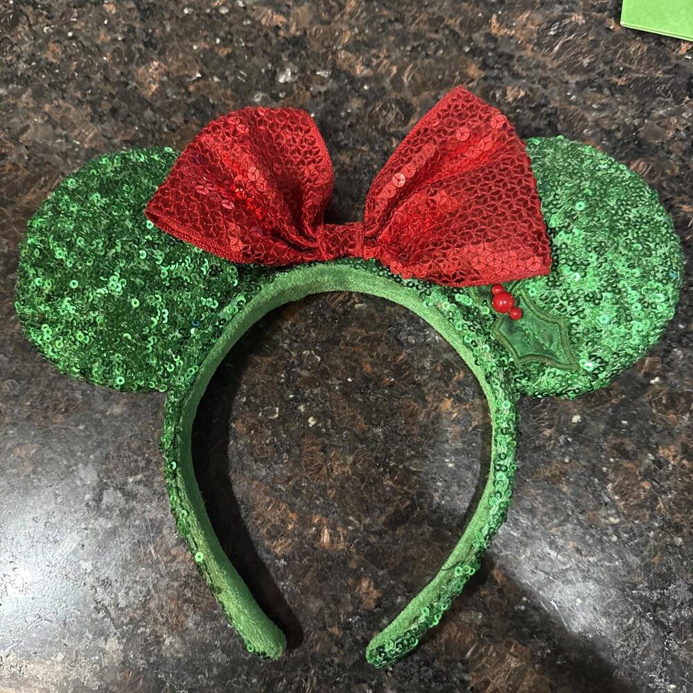 Mickey Mouse Minnie Ears Christmas with Holly, Red Sequin Bow and Green Sequins